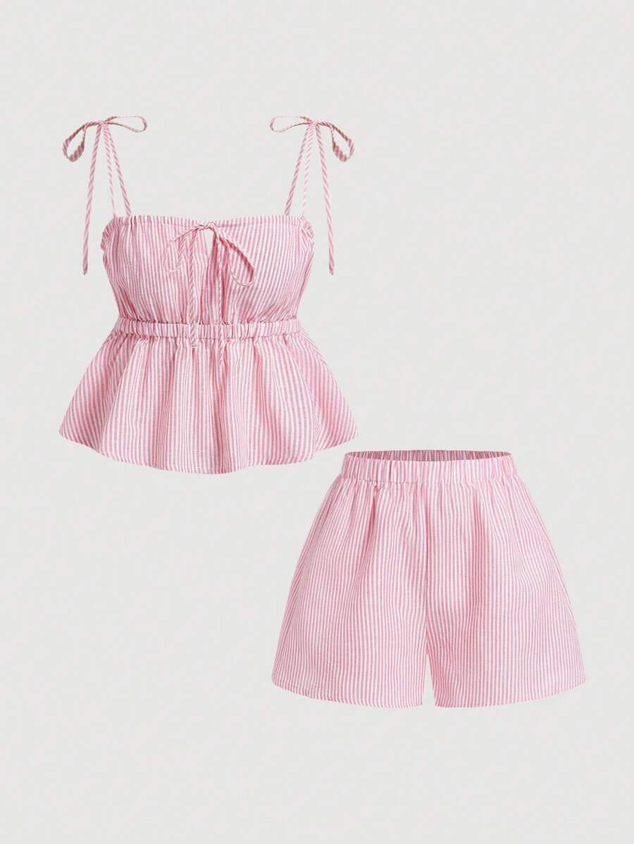 SHEIN MOD Women Square Neck Striped Tie Front Cropped Cami Top Paired With High Waist Striped Shorts - Pink - View 1