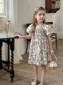 LMoss Kids LMoss   Young Girl Ditsy Floral Gathered Ruffle Puff Sleeve Fitted Casual Dress,Casual Dress Unique Dresses For Girls    Girls Summer Dresses Spring Dresses For Girls Summer Clothes For Girls Spring Girl Clothes - Black and White - View 3
