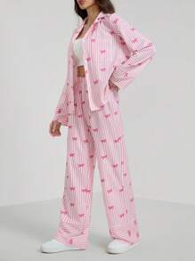 SHEIN Tall New Red & White Striped Printed Shirt & Pants Home & Casual Pink  2pcs Outfit - Pink - View 4