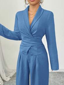 Firerie Women Regular Elegant Solid Color Long Sleeve Wrap Blouse And Pants Set, Suitable For Commute And Business, Spring/Summer/Fall - Blue - View 5