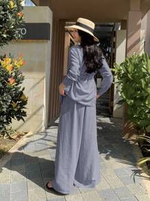 DAZY Bộ đồ mặc nhà thanh lịch gồm áo dài bất đối xứng và quần ống rộng dành cho nữ. - Màu xanh hải quân - Xem 4