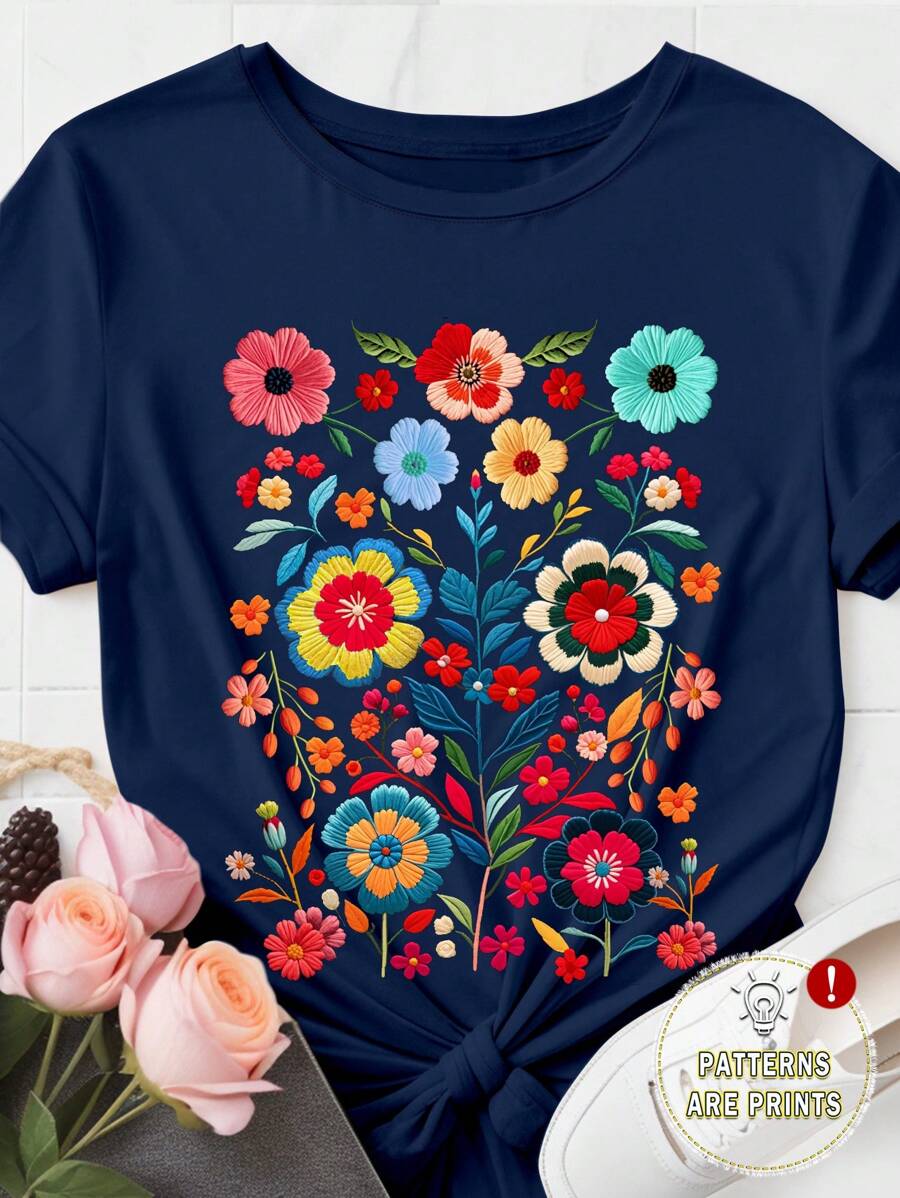 SHEIN Plus Size Round Neck Short Sleeve T-Shirt, Fashionable For Summer - Navy Blue - View 1