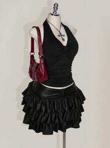 SHEIN ICON Top corto halter fruncido negro con espalda descubierta y detalle de lazo, apto para vacaciones, festivales de música, estilo punk, talla grande