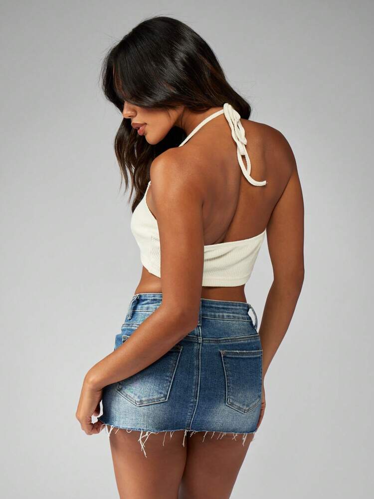 MISSGUIDED 리브드 니트 홀터 크롭 탑 여름 민소매 기본 크롭드 탱크 짐 운동 애슬레틱 요가 댄스 캐주얼 페스티벌 비치 휴가 패션 필수품