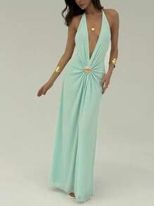 Aloruh Women Solid Color Halter Pleated Sexy Backless Dress Summer Summer Outfits Summer Clothes Beach Outfits For Woman  Beach Vacation Vacation Outfits Woman Boho  Tropical Vacation Woman Clothe  Tropical Vacation Woman Clothe Backless Mesh Lake Blue Deep V Mesh Long Dress With Metal Shell Decoration For Slimming Effect Backless Metal Shell Decoration At Waist Deep V,Summer Dresses For Women,Party Dress