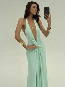 Aloruh Women Solid Color Halter Pleated Sexy Backless Dress Summer Summer Outfits Summer Clothes Beach Outfits For Woman  Beach Vacation Vacation Outfits Woman Boho  Tropical Vacation Woman Clothe  Tropical Vacation Woman Clothe Backless Mesh Lake Blue Deep V Mesh Long Dress With Metal Shell Decoration For Slimming Effect Backless Metal Shell Decoration At Waist Deep V,Summer Dresses For Women,Party Dress