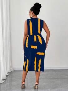 Maweii Plus Size Fashion Print Sleeveless V-Neck Dress - Blue - View 2