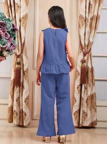 Tween Girls 2pcs Set Elegant Solid Ruffle Hem Camisole & Trousers, Summer,Holiday,Summer, Travel - Blue - View 2