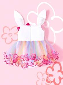 SHEIN 适合复活节的新生兔子造型服装，可爱的兔子表情图案，3D 兔耳朵，3D 蝴蝶结装饰，网眼公主裙，适合舞台表演、户外游戏、拍照、生日派对 - 彩色 - 查看 2