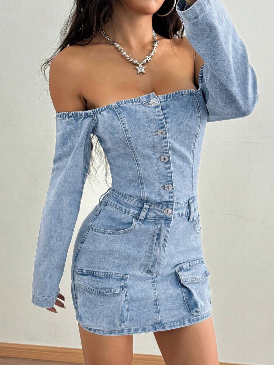 SHEIN ICON 女士露肩弹力紧身洗水牛仔连衣裙