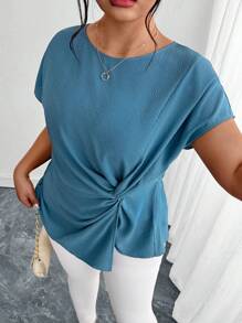 SHEIN Clasi Áo cánh xanh thắt nút xoắn thanh lịch cỡ lớn dành cho nữ, tốt nghiệp mùa hè, ăn trưa, áo xanh sân bay, trang phục công sở thường ngày, ngày của mẹ - Màu xanh lam - Xem 5
