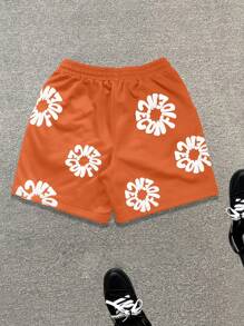 Manfinity EMRG 男士字母印花抽绳腰休闲百搭短裤 - 橘色 - 查看 2