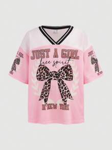 SHEIN Girlism Tween Girls Y2K Casual Streetwear Leopard Bow Slogan Graphic Print Mesh Splice V-Neck Boxy Short Sleeve Knit T-Shirt, Pink - Pink - View 8