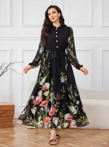 Modelyn 女士立领长袖雪纺花卉印花系腰喇叭下摆浪漫优雅连衣裙 - 彩色 - 查看 6