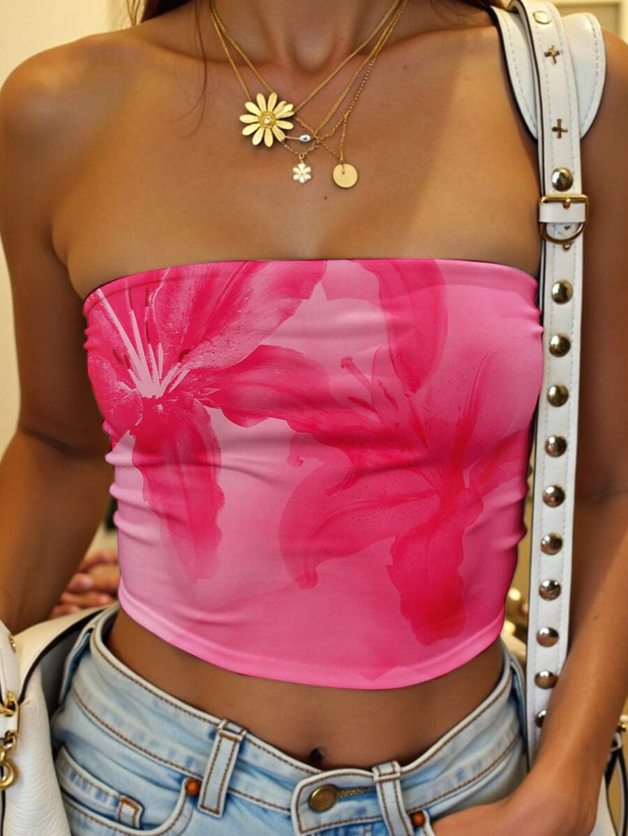 SHEIN EZwear Áo crop top họa tiết hoa màu hồng đơn giản dành cho nữ, phù hợp cho mùa hè - Nhiều màu - Xem 1