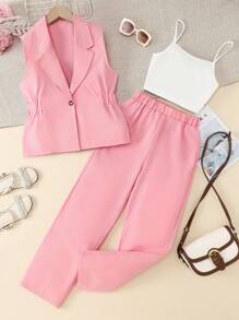 Teen Girl Solid Color Sleeveless Vest Camisole & Long Pants Suit, Spring Formal Set