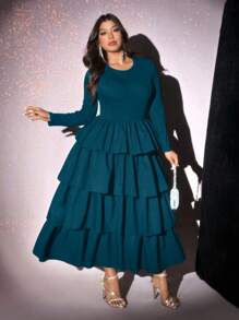 Viva Relle Plus Size Women Elegant Round Neck Long Sleeve Waist Ruffle Hem Solid Color Dress,Valentine - Teal Blue - View 6