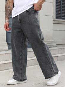 Manfinity Homme 男士加大码灰色牛仔裤：休闲基本款和长款拉链款式，适合日常舒适外出、通勤、工作、都市、emo 风格 - 灰色 - 查看 7