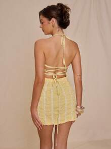 MUSERA Halterneck Neckline Strappy Tie Back Gingham Bubble Fitted Mini Dress For Spring Summer Vacation Cute Elegant Sweet Escape Ibiza Holiday Beach - Yellow - View 3