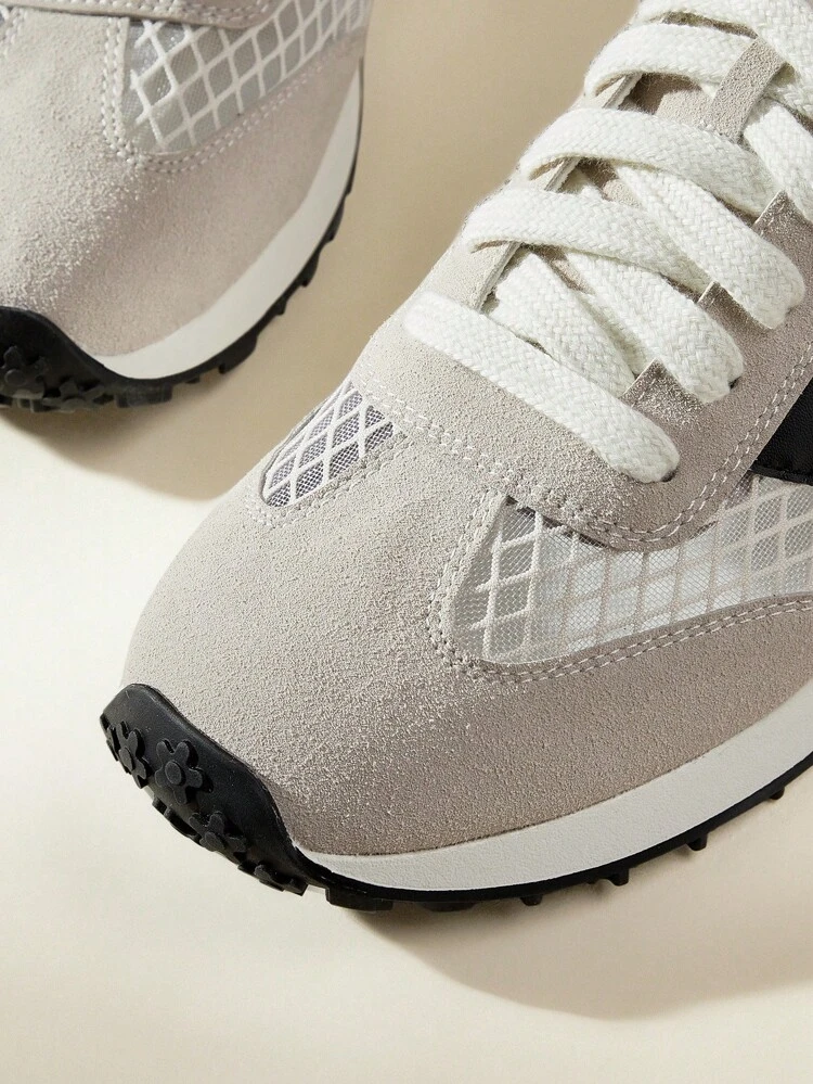 CUCCOO EASI Hollow Breathable Design Round Toe Flat Casual Athletic Shoes, Casual Fashion Faux Suede Patchwork Sneaker For Daily Casual Wear