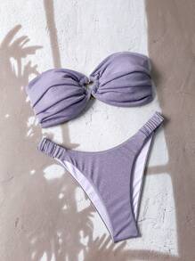 Swim Mod Women's Purple Sparkly High Cut Heart Decor Bandeau Bikini Set For Summer Beach Vacation - Purple - View 1