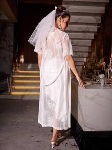 SilkySpell Women Sexy Lace Camisole Nightgown & Short Sleeve Robe 2 Pieces Set - White - View 5