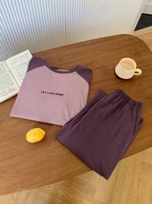 DAZY 2pcs Letter Print Raglan Sleeve Loose Short Sleeve Women Pajama Set - Purple - View 4