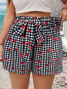 SHEIN VCAY 大码格纹红色水果和樱桃印花荷叶边腰带短裤，带口袋，宽松休闲浪漫可爱短裤，适合情人节、夏季、海滩