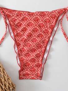 Swim Mod Women Summer Floral Print Spaghetti Strap Ruffle Cropped Top & Side Tie Beachwear 2 Pieces Bikini Set - Burnt Orange - View 5