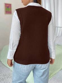 SHEIN MOOSTA Plus Size Solid V-Neck Casual Versatile Pullover Sweater Vest - Coffee Brown - View 2