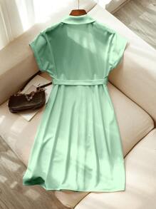 Franclia Women's Lapel Short Sleeve Casual Cinched Waist Waist Midi Dress, White, Commute Suitable Summer