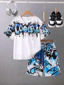 SHEIN Leap Crew 2pcs Kids Tween Boy Casual Versatile And Comfortable Letter Printed Pattern Round Neck Loose Fitting Pullover Short Sleeved T-Shirt Loose Printed Shorts Knitted Two Pieces Set Suitable For Commuting To School, Daily Leisure Vacation Travel, Suitable For Sports, Suitable For Spring And Summer Seasons - Multicolor - View 2
