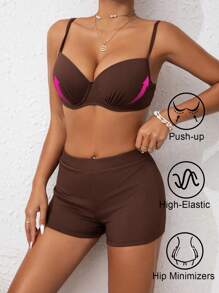 SHEIN Swim Women's Solid Color Sexy Push-Up Padded Sports Bikini Set With Textured Fabric & Matching Swim Shorts, Spring Season For Summer Beach Vacation - Coffee Brown - View 3