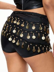 ROMWE Grunge Punk 1 pieza Falda elegante con tela de malla negra, adornos de cuentas doradas y flecos, adecuada para fiestas, hacer cola, cosplay, danza del vientre y uso diario versátil