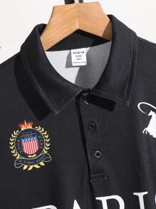 SHEIN Polo de punto holgado con estampado de letras, cuello de solapa y medio abierto, cómodo y versátil, apropiado para ir al colegio, ocio diario, vacaciones y viajes, adecuado para deportes, apto para festivales de primavera y verano, para niño preadolescente