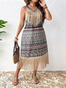 SHEIN Clasi Plus Size Women's V-Neck Tassel Floral Patchwork Dress, Casual Vacation Dress For Music Festival, Versatile For Spring/Summer - Multicolor - View 5