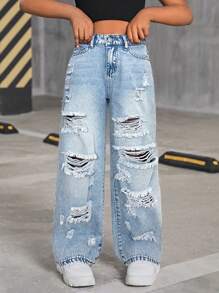 SHEIN SLAYR KIDS Tween Girls Y2K Retro Washed High Waist Distressed Ripped Straight Leg Jeans, Tween Girl Back To School Causal Clothes Outfits