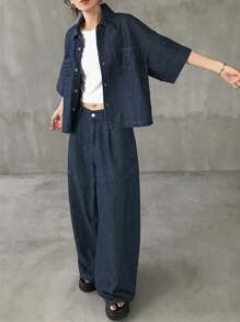 FRIFUL 女式落肩单排扣口袋夹克和牛仔裤套装