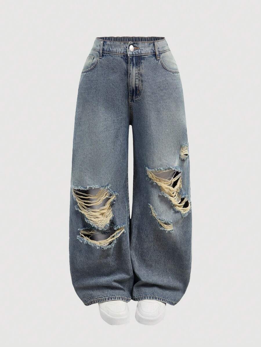 SHEIN MOD Plus Size Women Casual Loose Flare Leg Distressed Denim Jeans, Blue