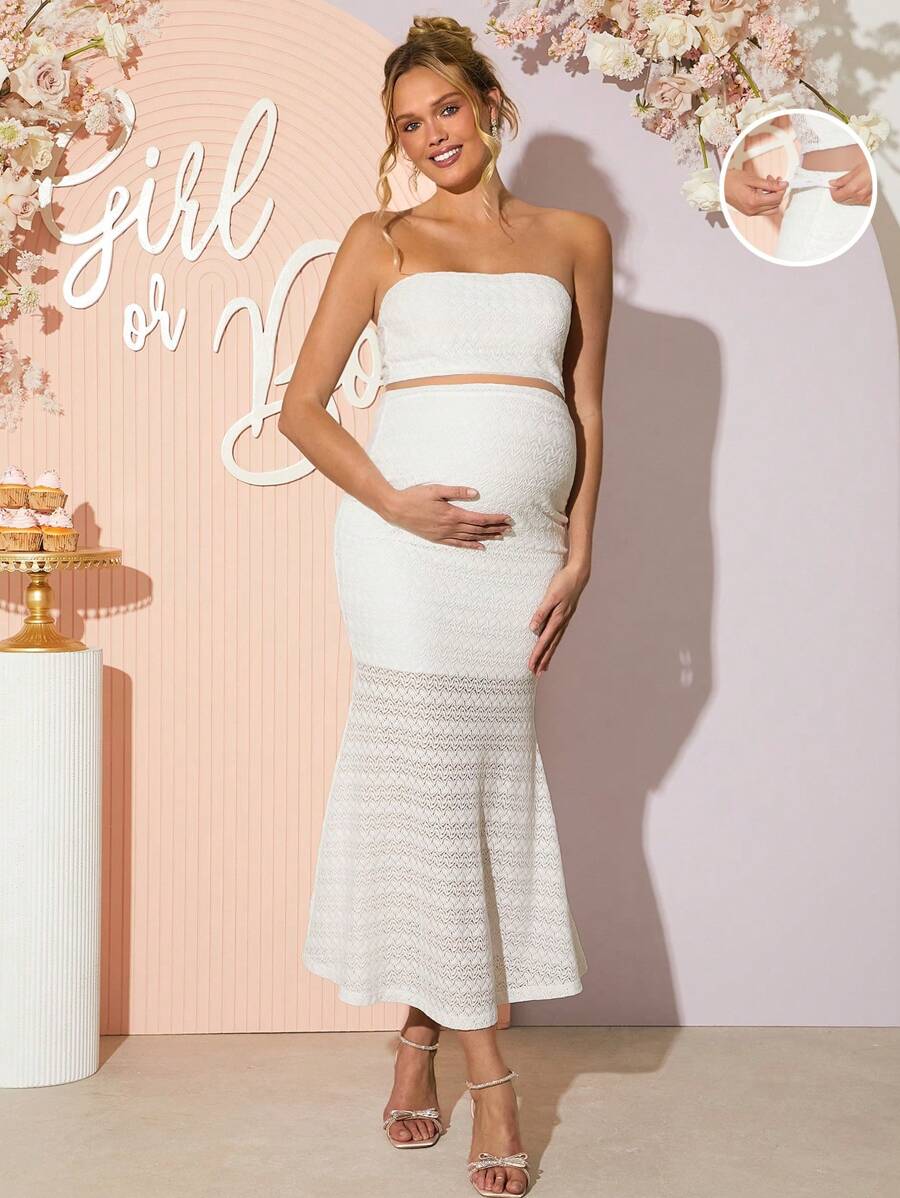 Loomaby Set de maternidad de 2 piezas - Top tubo y falda de unicolor, de moda para el verano, vestido para revelación de sexo, vestido de baby shower, vestido de maternidad - Rosa - Ver 1