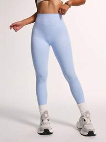 Gameset SHEIN Sport 纯色褶皱腰无缝紧身裤女士瑜伽裤 - 淺藍色 - 查看 7