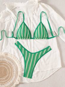 SHEIN Swim 2pcs/Set Women's Fashion Resort Beach Solid Color Textured Adjustable Back Top & Pants Bikini Swimwear Set For Summer Beach Vacation - Multicolor - View 5