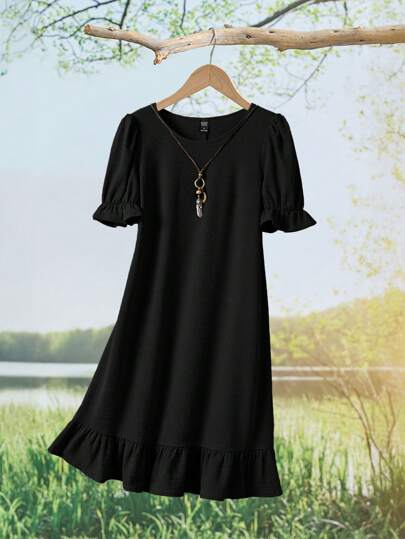 EMERY ROSE Women Summer Casual Solid Color Puff Sleeve Mid-Length Dress,Summer Dresses For Women