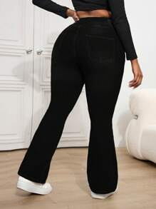 Dripcurv Plus Size Sexy Skinny Stretch Flare Leg Jeans, Blue, Fall Women Clothes - Black - View 2