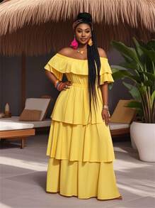 Slaydiva Plus Size Women 2025 New  Butter Yellow Arrival Casual Daily Beach Off Shoulder Layered Ruffle Belted Dress, Suitable For Spring/Summer - Yellow - View 2