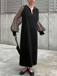 FRIFUL 女士拼接撞色连衣裙，纯色，时尚夏季款，荷叶边女士休闲连衣裙，生日女士服装，加大码黑色连衣裙，女士生日长袖连衣裙 - 黑色 - 查看 2