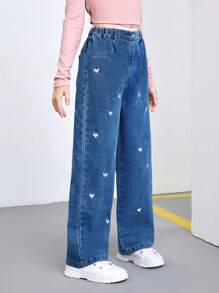 SHEIN Tween Girls Y2K Style Washed Blue Loose Playful Heart Embroidery Straight Leg Jeans, Suitable For Daily Fashion Versatile Wear - Dark Wash - View 5