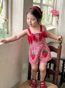 SHEIN LMoss Kids 可爱 Babygirl 草莓格子无袖连体衣，夏季休闲 - 紅色 - 查看 1