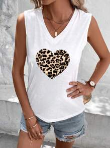 SHEIN LUNE Plus Size Simple And Versatile Leopard Print Heart-Shaped Pattern Slim Fit V-Neck Ladies Plus Size Top Suitable For Summer - White - View 3