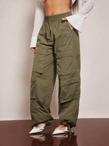 Vixey 橄榄绿梭织弹力腰带工装口袋抽绳裤，商务休闲女装，夏季女装，春季女装，早午餐女装 - 軍綠色 - 查看 5